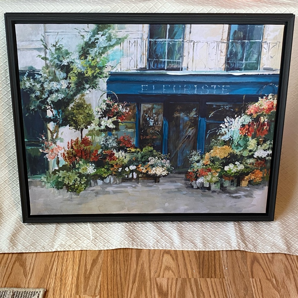Framed Floral Parisian Shop Painting in Blue and Green. Hobby Lobby. Gently Used